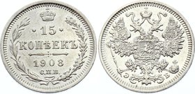 Russia 15 Kopeks 1908 СПБ ЭБ
Bit# 134; Silver, XF