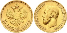 Russia 10 Roubles 1909 ЭБ
Bit# 14(R); Gold (.900), 8.6g. AU-UNC. Rare coin on practice. Most of the coins of this date have not well struck relief.