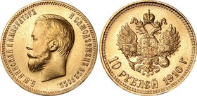 Russia 10 Roubles 1910 ЭБ UNC
Bit# 15 (R); One of the rarest gold coins of Nicholas II. Gold (.900) 8.6 g. UNC.