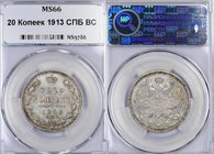 Russia 20 Kopeks 1913 CПБ ВС NNR MS 66
Bit# 115; Silver; Mint Luster