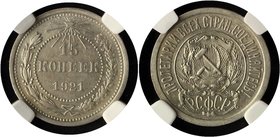 Russia - USSR 15 Kopeks 1921 NNR AU55
Silver; Authenticated and graded by NNR AU55; The magnificent sample of the early coinage of Soviet Russia; Ver...