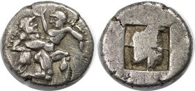 Griechische Münzen, Thrakische Inseln - Thasos. AR Drachm (ca 500-463 v.Chr.), Satyr Vortritt rechts, Durchführung protestierender Nymphe / Quadripart...