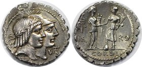 Römische Münzen, MÜNZEN DER RÖMISCHEN REPUBLIK. Später-Denarius-Münzen (ca. 154-41 v. Chr.) - Q. Fufius Calenus and Mucius Cordus - AR Serrate Denariu...