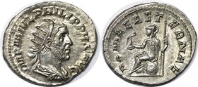 Römische Münzen, MÜNZEN DER RÖMISCHEN KAISERZEIT. ROM. PHILIPPUS I. ARABS. Antoninianus 244-247 n. Chr, Silber. 4.13 g. RIC 44b. Stempelglanz