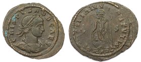 Römische Münzen, MÜNZEN DER RÖMISCHEN KAISERZEIT. Crispus, Caesar 317 - 326 n. Chr. Follis (Arelate) 316-317 n. Chr., Vs: CRISPVSNOBCAES Rs: Mars mit ...