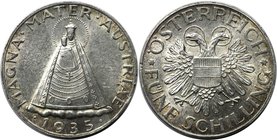RDR – Habsburg – Österreich, REPUBLIK ÖSTERREICH. Madonna von Mariazell. 5 Schilling 1935, Silber. KM 2853. Fast Stempelglanz