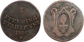 Altdeutsche Münzen und Medaillen, AUGSBURG. Reichsstadt. 1 Pfennig 1796, Kupfer. KM 189. Sehr Schön