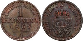 Altdeutsche Münzen und Medaillen, BRANDENBURG IN PREUSSEN. Wilhelm I. (1861-1888). 1 Pfennig 1868 A, Kupfer. KM 480. Stempelglanz