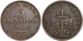 Altdeutsche Münzen und Medaillen, BRANDENBURG IN PREUSSEN. Wilhelm I. (1861-1888). 3 Pfennig 1868 C, Kupfer. KM 482. Sehr Schön-Vorzüglich