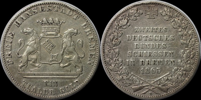 Altdeutsche Münzen und Medaillen, BREMEN-STADT. Taler 1865 B, Silber. Zweites de...