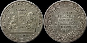 Altdeutsche Münzen und Medaillen, BREMEN-STADT. Taler 1865 B, Silber. Zweites deutsches Bundesschiessen. Jungk 1206, Jaeger 27, Thun 126, AKS 16. Sehr...
