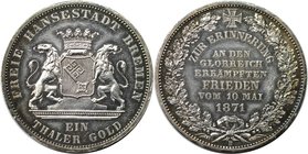 Altdeutsche Münzen und Medaillen, BREMEN - STADT. Siegestaler 1871 B, Silber. AKS 17. Fast Stempelglanz
