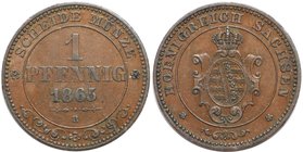 Altdeutsche Münzen und Medaillen, SACHSEN. Johann (1854-1873). Pfennig 1865 B, Kupfer. KM 1216. AKS 155. Vorzüglich