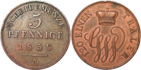 Altdeutsche Münzen und Medaillen, SCHAUMBURG - LIPPE. Georg Wilhelm (1807-1860). 3 Pfennig 1858 A, Kupfer. KM 41. Vorzüglich - Stempelglanz