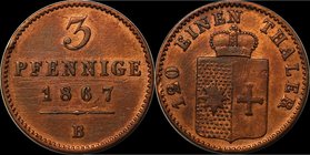 Altdeutsche Münzen und Medaillen, WALDECK. Georg Victor (1852-1893). 3 Pfennig 1867 B, Kupfer. AKS 49. Vorzüglich