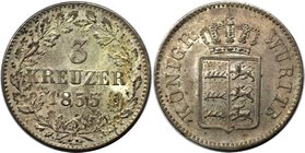 Altdeutsche Münzen und Medaillen, WÜRTTEMBERG. 3 Kreuzer 1855, Billon. KM #591. AKS 106. Fast Stempelglanz