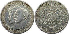 Deutsche Münzen und Medaillen ab 1871, REICHSSILBERMÜNZEN, Anhalt. Friedrich II. (1904-1918). Silberhochzeit. 3 Mark 1914 A, Silber. Jaeger 24. Vorzüg...