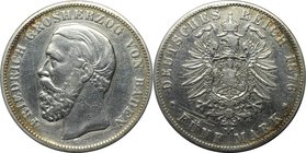 Deutsche Münzen und Medaillen ab 1871, REICHSSILBERMÜNZEN, Baden. Friedrich I. (1856-1907). 5 Mark 1876 G, Silber. Jaeger 27. Schön. Kratzer.