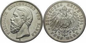 Deutsche Münzen und Medaillen ab 1871, REICHSSILBERMÜNZEN, Baden. Friedrich I (1856-1907). 5 Mark 1894 G, Silber. Jaeger 29. gutes Sehr schön, winz. K...