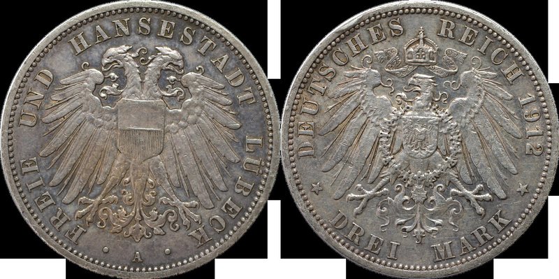 Deutsche Münzen und Medaillen ab 1871, REICHSSILBERMÜNZEN, Lübeck. 3 Mark 1912 A...