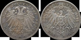 Deutsche Münzen und Medaillen ab 1871, REICHSSILBERMÜNZEN, Lübeck. 3 Mark 1912 A, Silber. Jaeger 82. Vorzüglich, schöne Patina, kl. Randfehler, Kratze...