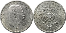 Deutsche Münzen und Medaillen ab 1871, REICHSSILBERMÜNZEN, Württemberg, Wilhelm II. (1891-1918). 5 Mark 1907 F, Silber. Jaeger 176. Sehr schön