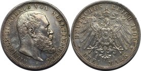 Deutsche Münzen und Medaillen ab 1871, REICHSSILBERMÜNZEN, Württemberg, Wilhelm II (1891-1918). 3 Mark 1909 F, Silber. Jaeger 175. Sehr schön-vorzügli...