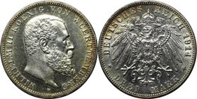 Deutsche Münzen und Medaillen ab 1871, REICHSSILBERMÜNZEN, Württemberg. Wilhelm II. (1891-1918). 3 Mark 1914 F, Silber. Jaeger 175. Vorzüglich-stempel...