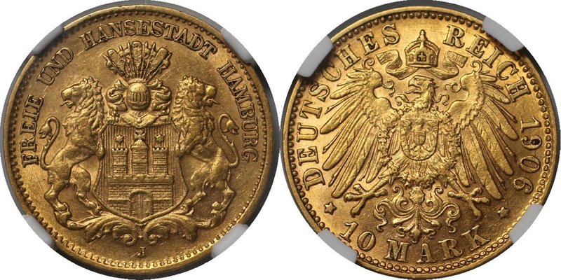 Deutsche Münzen und Medaillen ab 1871, REICHSGOLDMÜNZEN, Hamburg. 10 Mark 1906 J...