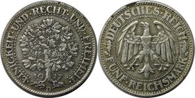 Deutsche Münzen und Medaillen ab 1871, WEIMARER REPUBLIK. Eichbaum. 5 Reichsmark 1927 D, Silber. AKS 25. Sehr schön+