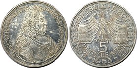 Deutsche Münzen und Medaillen ab 1945, BUNDESREPUBLIK DEUTSCHLAND. Markgraf von Baden. 5 Mark 1955 G, Silber. Jaeger 390. Vorzüglich-Stempelglanz