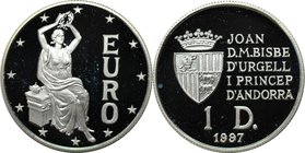 Europäische Münzen und Medaillen, Andorra. Europa mit Lorbeerkranz. 1 Diner 1997. Silber. 0.16 OZ. KM 127. Polierte Platte