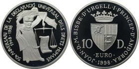 Europäische Münzen und Medaillen, Andorra. 50 Jahre Erklärung der Menschenrechte. 10 Diners 1998, Silber. 0.93 OZ. KM 143. Polierte Platte