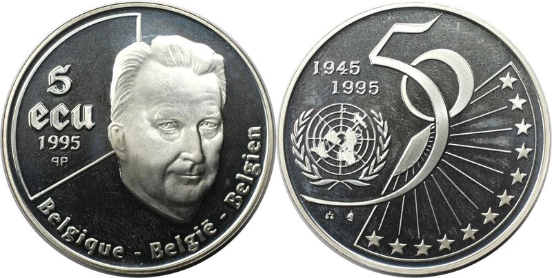 Europäische Münzen und Medaillen, Belgien / Belgium. 50 Jahre UNO. 5 Ecu 1995, S...