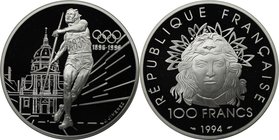 Europäische Münzen und Medaillen, Frankreich / France. Olympiade Lillehammer - Speerwerfen. 100 Francs 1994, Silber. Polierte Platte, mit Box + Zertif...