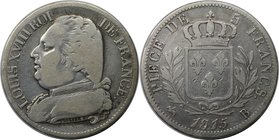 Europäische Münzen und Medaillen, Frankreich / France. Louis XVIII. 5 Francs 1815 B, Silber. KM 702.2. Fast Sehr schön