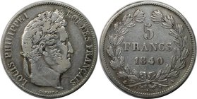 Europäische Münzen und Medaillen, Frankreich / France. Louis-Philippe I. 5 Francs 1840 A, Silber. KM 749.1. Sehr schön+