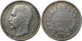 Europäische Münzen und Medaillen, Frankreich / France. Napoleon III. 5 Francs 1852 A, Silber. KM 773.1. Sehr schön+