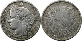 Europäische Münzen und Medaillen, Frankreich / France. 5 Francs 1870 A, Silber. KM 819. Sehr schön+