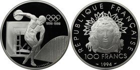 Europäische Münzen und Medaillen, Frankreich / France. 100 Jahre IOC - Diskuswerfer. 100 Francs 1994, Silber. Polierte Platte, mit Box + Zertifikat