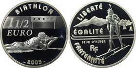 Europäische Münzen und Medaillen, Frankreich / France. Olympische Winterspiele 2006 in Turin - Biathlon. 1 1/2 Euro 2005, Silber. KM 1423. Polierte Pl...