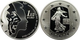 Europäische Münzen und Medaillen, Frankreich / France. 50 Jahre 5. Republik. 1 1/2 Euro 2008, Silber. Polierte Platte, mit Plastik Box
