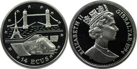 Europäische Münzen und Medaillen, Gibraltar. Eisenbahntunnel Frankreich-England - Le Shuttel-Zug. 14 Ecus 1994, Silber. Polierte Platte