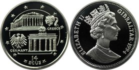 Europäische Münzen und Medaillen, Gibraltar. Präsidentschaft im EU-Rat - Akropolis + Brandenburger Tor. 14 Ecus 1994, Silber. Polierte Platte