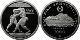 Europäische Münzen und Medaillen, Griechenland / Greece. 100. Jahrestag der Olympischen Spiele. 1000 Drachmes 1996, Silber. Polierte Platte, mit Box +...