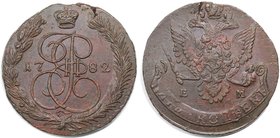Russische Münzen und Medaillen, Katharina II. (1762-1796). 5 Kopeken 1782 EM, Ekaterinburg, Kupfer. Bitkin 633. Vorzüglich, Schrötlingsriss