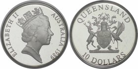 Weltmünzen und Medaillen, Australien / Australia. "Queensland". 10 Dollars 1989, 0,925 Silber. 0,591 OZ. 20 g. KM 114. Polierte Platte