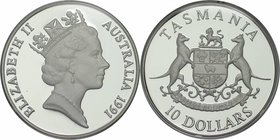 Weltmünzen und Medaillen, Australien / Australia. "Tasmania". 10 Dollars 1991, 0,925. Silber. 0,591 OZ. 20 g. KM 153. Polierte Platte