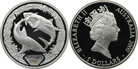Weltmünzen und Medaillen, Australien / Australia. Olympische Spiele 2000 in Sydney - Zwei Weiße Haie. 5 Dollars 2000, Silber. KM 372. Polierte Platte...