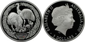 Weltmünzen und Medaillen, Australien / Australia. Olympische Spiele 2000 in Sydney - Zwei Emus. 5 Dollars 2000, Silber. KM 438. Polierte Platte